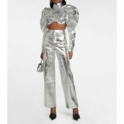 Rotate Birger Christensen Croc-effect High-rise Straight Pants