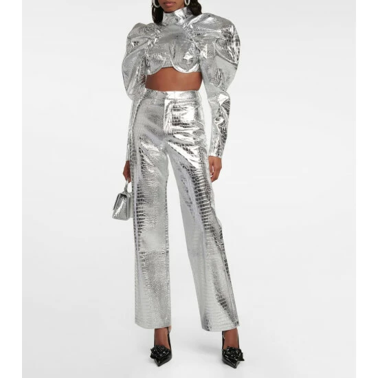 Rotate Birger Christensen Croc-effect High-rise Straight Pants